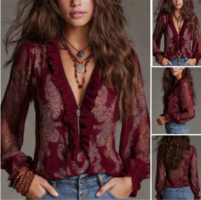 Spring And Autumn New Arrival Women's V Neck Ruffle Printed Shirt Elegant Retro Loose Slimming Commute Versatile Long Sleeve Top