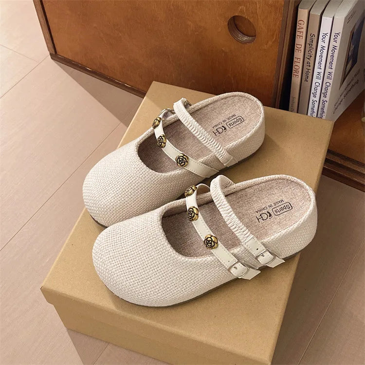Women's Woven Mary Jane Mules Flat Round Toe Slip-On Shoes with Buckle Straps and Rose Hardware Casual Balletcore Summer Sandals
