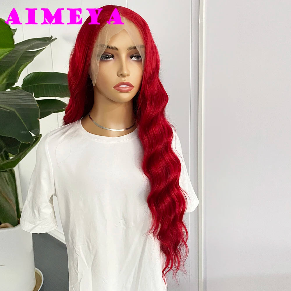 AIMEYA  Red Long Wig Natural Hairline Loose Wave Lace Front Wig for Women Daily Use Heat Resistant Synthetic Hair Blue Purple