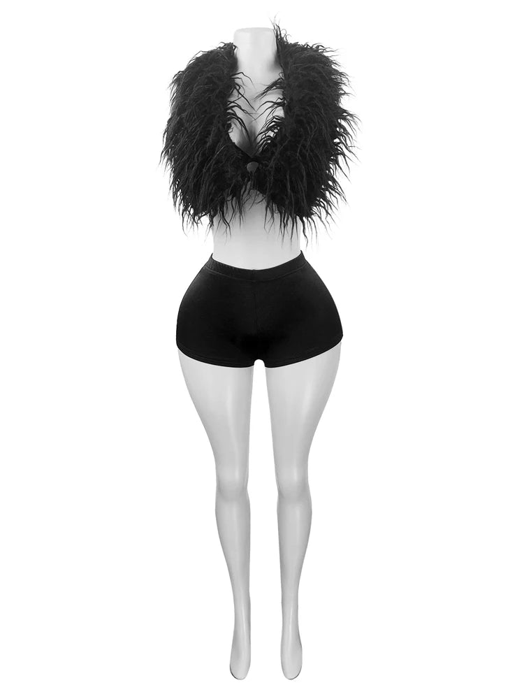 Luxury Fur Patchwork 2 Pieces Set for Woman Outfit Summer 2025 New Tank Top and Stretch Shorts Midnight Club Wear Party Suits