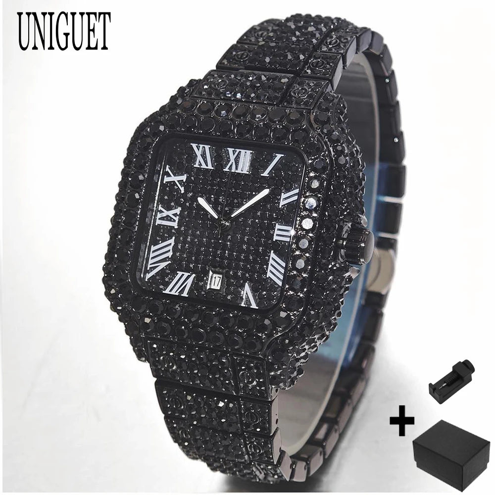 Cool Black Iced Watch For Man Fashion Brand UNIGUET Hip Hop Diamond Bling Bling Jewelry Square Wrist Watch Mens Dropshipping