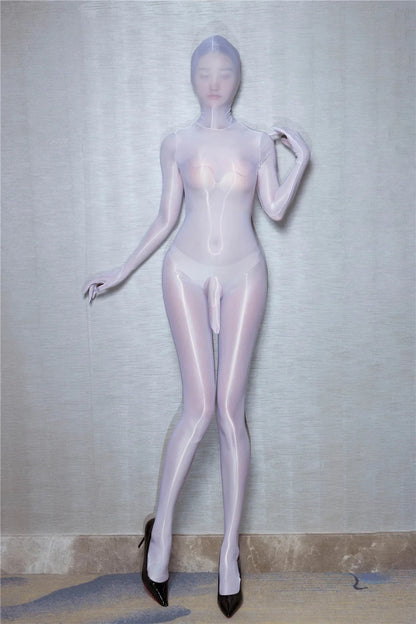 Zipper Open Full Body Catsuit with JJ Pouch Thin Sheath Transparent Body-stocking Unisex Sheer Bodysuit Sexy Lingerie Jumpsuit