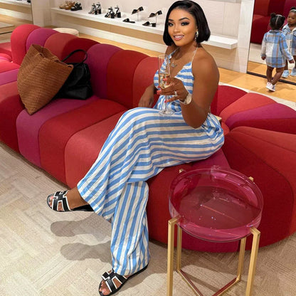 African Fashion Women Casual Jumpsuit Striped Printed V Neck Sleeveless Hollow Out Back Wide Leg Jumpsuits