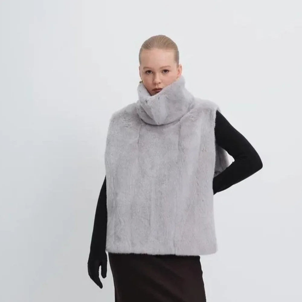 Eco Mink Fur Turtleneck Tank Tops Fluffy Layering Piece Faux Fur Vest Thicken High Collar Sable Vest Women's Apparel