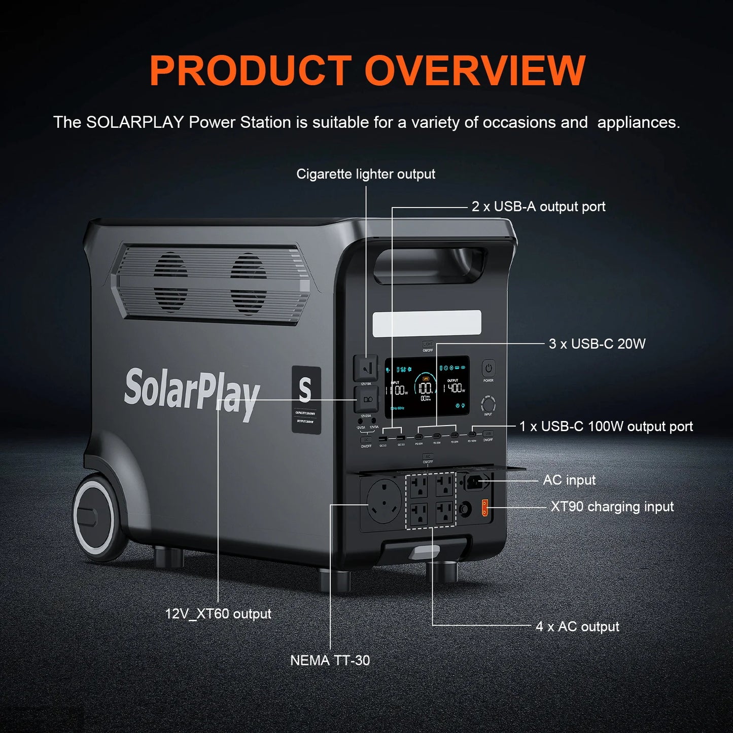 3840Wh 3600W Portable Power Station Solar Generator with Foldable Cart