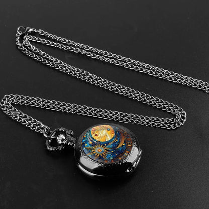Vintage Sun and Moon Pendant Glass Dome Pocket Watch Souvenir Chain Clock Arabic Numerals with Personality Gift for Women Men