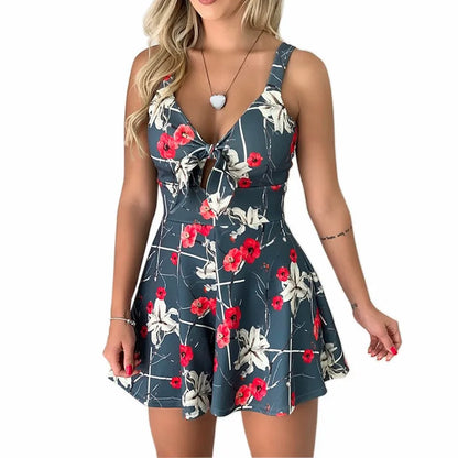 Sexy Spaghetti Strap Flower Print Jumpsuit Women Fashion Bowknot Leace-up Backless Slim Short Jumpsuits Female Trendy Streetwear