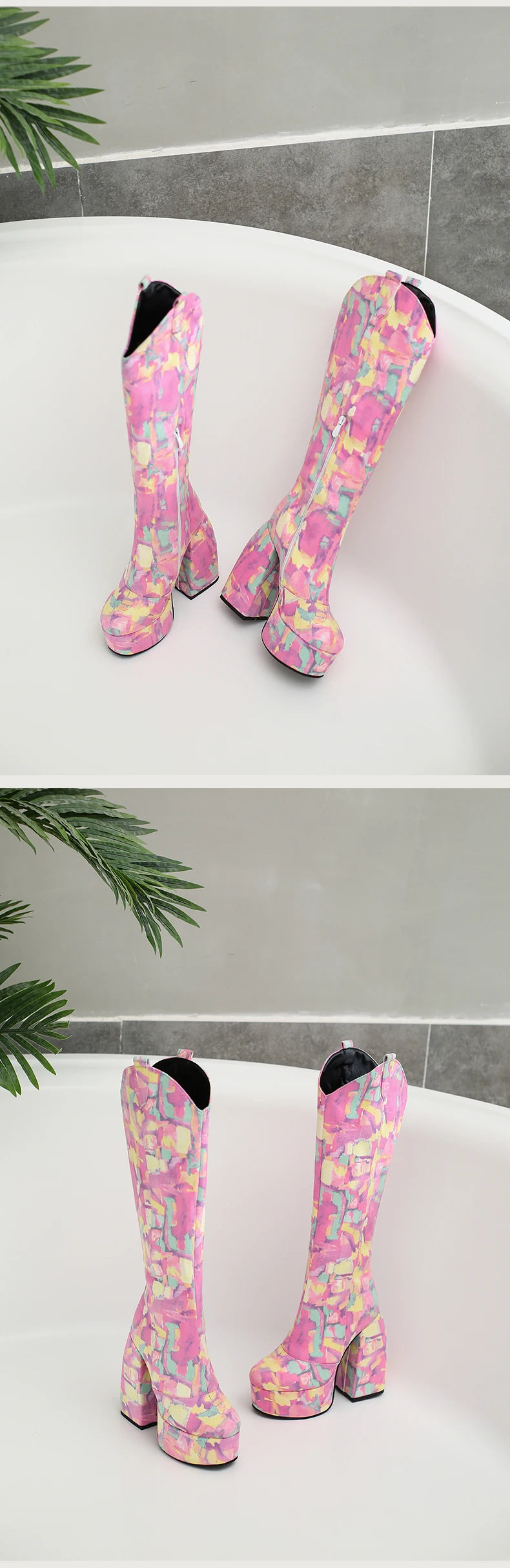 Super Waterproof Platform Strange Chunky Heel Graffiti Women's Boots Plush Inner Zipper Flock Material Knee Boots Plus Size