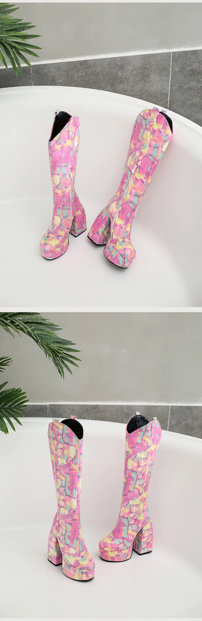 Super Waterproof Platform Strange Chunky Heel Graffiti Women's Boots Plush Inner Zipper Flock Material Knee Boots Plus Size