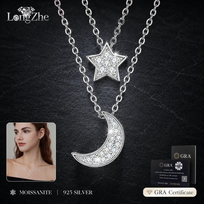 S925 Sterling Silver Moissanite Star Moon Layered Necklace Double Chain Crescent Pendant White Gold Color Gift for Women