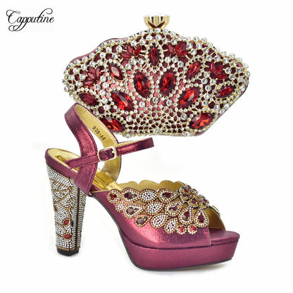 Luxury Wine Women Shoes and Bag to Match African Lady Summer Sandals Match With Handbag High Heels Pumps Purse 938-44 10.5CM