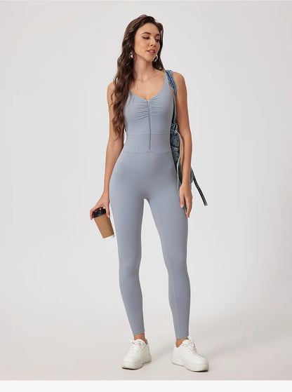 Fashion Folds Zipper Sport Bodycon Jumpsuits Women One Pieces Yoga Outfit Sleeveless Backless Gym Fitness Overalls Sexy Monkeys