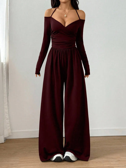 2026 Casual Jumpsuits For Woman Jumpsuit All-match Women's Clothe Simple Style Neck Halter Off Shoulder Solid Color Long Sleeves