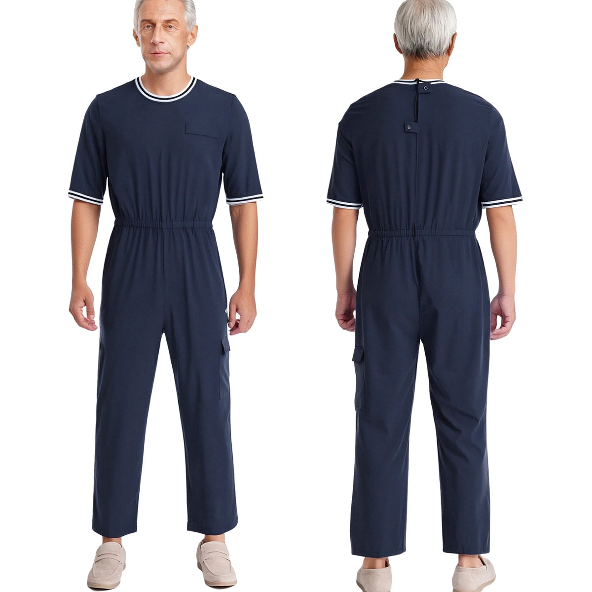 Adult Mens Alzheimer Adaptive Jumpsuit Special Needs Clothing Round Neck Half Sleeve Elastic Waist Zipper Rompers with Pocket