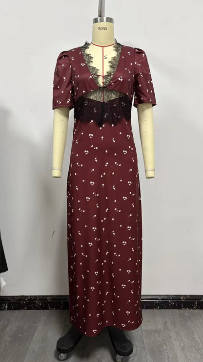 Polka Dot Backless Sexy Maxi Dress Women Gown Elegant Patchwork Lace Hollow out Deep V Neck Sleeveless Bodycon Club Party Dress