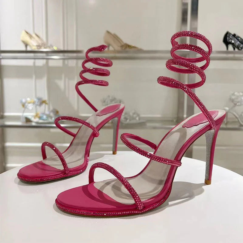 Summer Crystal Gladiator Sandals Women Rhinestone Twine Around Ankle Snake Wedding Shoes High Heels Sandals Woman
