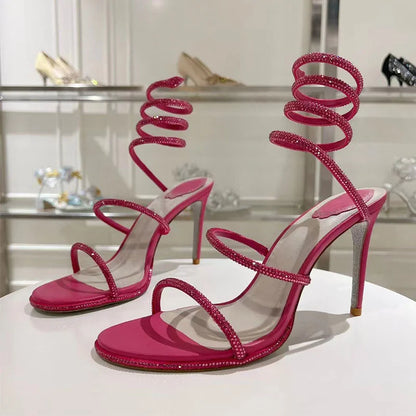 Summer Crystal Gladiator Sandals Women Rhinestone Twine Around Ankle Snake Wedding Shoes High Heels Sandals Woman
