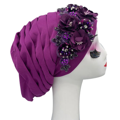 Elegant Flower Diamonds Women's Turban Cap African Party Headwear Hat Lady Head Wraps Muslim Headscarf Hats Turbante Mujer