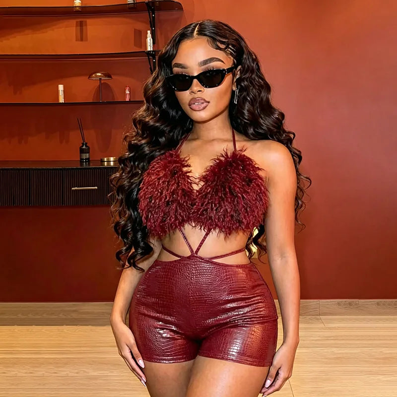 Sexy Bikini Top Jumpsuits 2026 Summer Fashion Clothes Women One Piece Elegant Luxury Bodycon Club Party Fur Metallic Jumpsuits