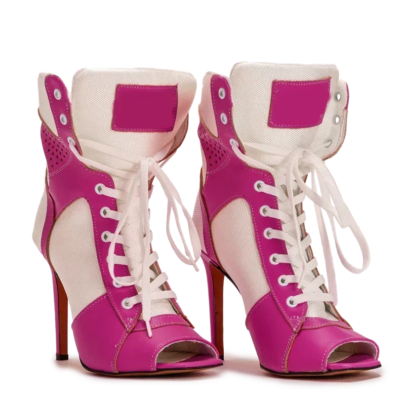 Peep Toe Corss Tied Patchwork Ankle Boots Sexy Square Toe Thick Heel New Arrivals Fashion Women Runway Shoes
