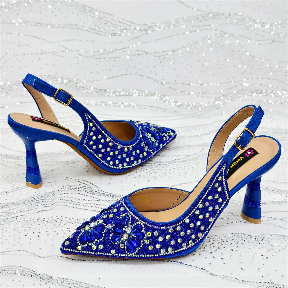 Luxury Handmade Flowers Shoes and Clutch for Women- Nigerian Style Elegant Crystal Heels with Matching Evening Bags