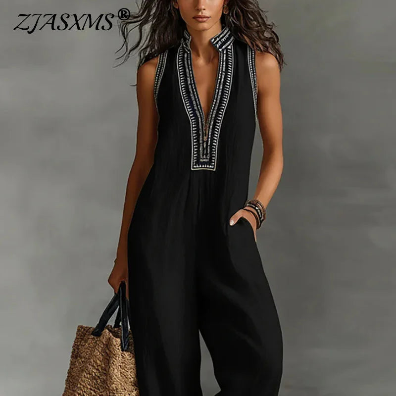 Bohemian Vacation Jumpsuit for Woman 2026 Spring Sexy Print Deep V Neck Hollow Rompers Summer Sleeveless Wide Leg Pants Overalls