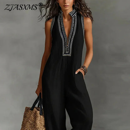 Bohemian Vacation Jumpsuit for Woman 2026 Spring Sexy Print Deep V Neck Hollow Rompers Summer Sleeveless Wide Leg Pants Overalls