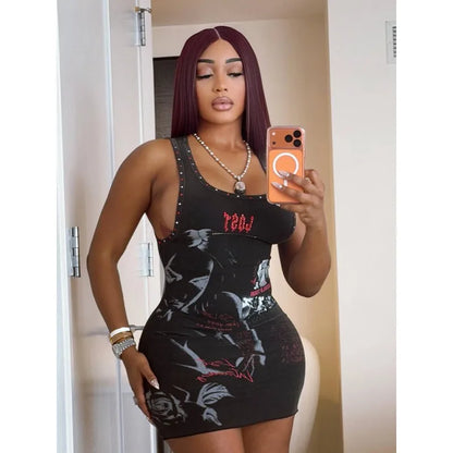 Chic Y2K Graphic Bodycon Dress for Women Funny Printed Rivet Trim Sleeveless Mini Tank Dress 2026 Summer Trendy Party & Clubwear