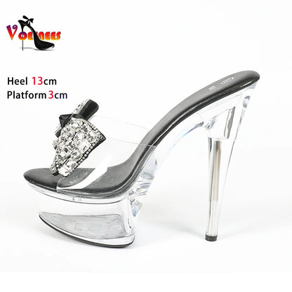 Summer Bowkont High Heels Slip-on Slippers Women Luxury Rhinestone Thick Platform Sandals Transparent PVC Crystal Shoes Size 43