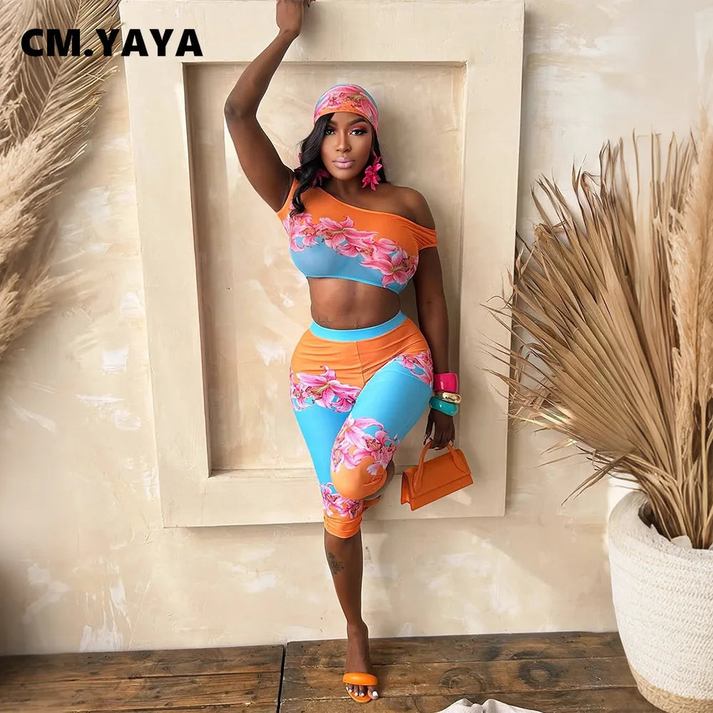 CM.YAYA Fashion Women's Set Short Sleeve Floral Print Tops and Calf Length Pants 2026 Beach Two 2 Piece Sets Outfits Tracksuit