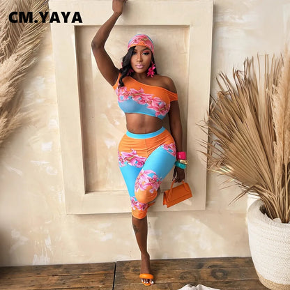 CM.YAYA Fashion Women's Set Short Sleeve Floral Print Tops and Calf Length Pants 2026 Beach Two 2 Piece Sets Outfits Tracksuit