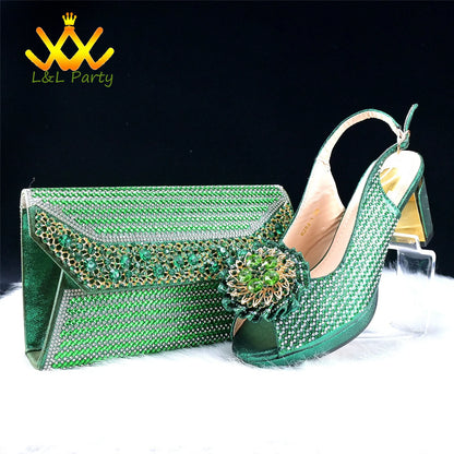 2024 Special New Arrivals Italian Women Shoes and Bag to Match in Green Color with Platform Shinning Crystal Sandal for Wedding
