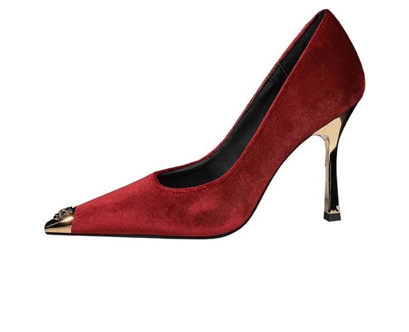 Women Peach Pink Velvet Metal Capped Pointed Toe Pumps Gold Trapezoid Thin High Heels Gentle Retro Luxury Date Banquet Ladies