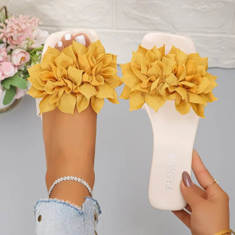 Women Flat Slippers 2026 Summer New Solid Color Sandals Flowers Open Toes Slippers Casual Fashionable Beach Shoes Slides Women