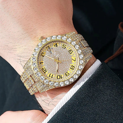 Hot Selling Full Diamond dial Iced Out alloy decoration Quartz Watch Men Luxury Hip Hop Men Watches Day Date Male classic Clock