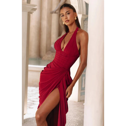 Sexy Solid Pleated Halter Dress Women Fashion Sleeveless Backless Waist-cinching Split Maxi Dresses 2026 Summer Lady Party Gowns