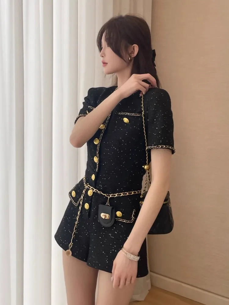French Style Women Short Sleeve One Piece Tweed Playsuit O Neck Single Breasted Elegant Ladies Slim Fit Jumpsuit Casual Rompers