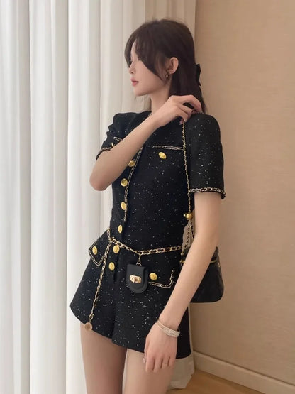 French Style Women Short Sleeve One Piece Tweed Playsuit O Neck Single Breasted Elegant Ladies Slim Fit Jumpsuit Casual Rompers