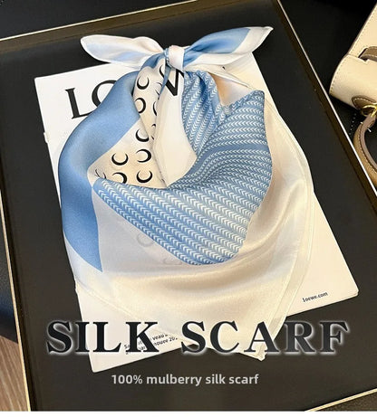 100% Natural Mulberry Silk Square Scarf 53x53cm Blue White Moon Print Women Neck Scarf Headband Bag Scarf Elegant Gift
