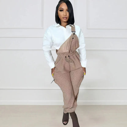 Lace Up Jumpsuit Women One Piece Jumpsuits Fur Rompers High Waist Spring Autumn Pants Mom Overalls Playsuits Elegant Pink