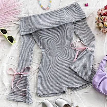 Elegant Directed Women's Autumn Winter New Knitted Solid Color One-Shoulder Bell Sleeve Long Sleeve Sexy Bared Shoulder Jumpsuit