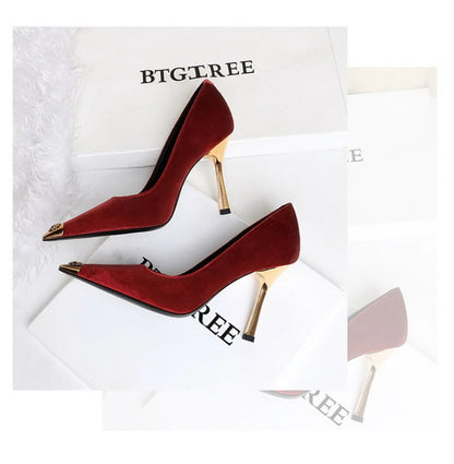Women Peach Pink Velvet Metal Capped Pointed Toe Pumps Gold Trapezoid Thin High Heels Gentle Retro Luxury Date Banquet Ladies
