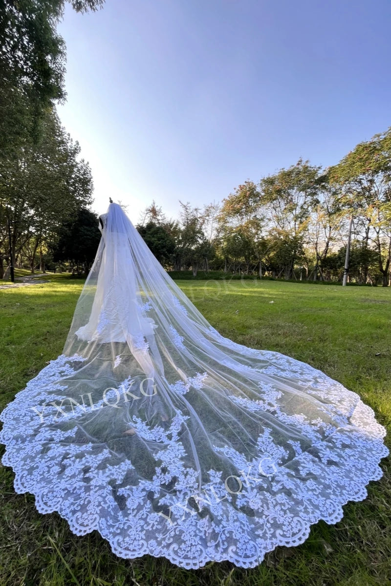 White Ivory Bridal Veil 3 m 4 m 5 m One Layer Wedding Veil With Comb Lace Bridal Veils Appliqued Cathedral Wedding Accessorie