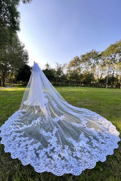 White Ivory Bridal Veil 3 m 4 m 5 m One Layer Wedding Veil With Comb Lace Bridal Veils Appliqued Cathedral Wedding Accessorie