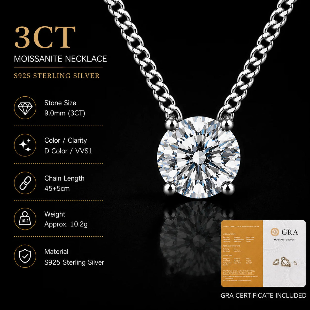 S925 Silver Round Moissanite Necklace 40+5cm Cuban Chain Pendant With Selected GRA Option Anniversary Gift Jewelry