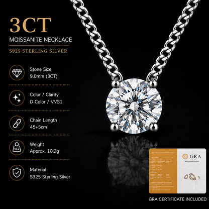 S925 Silver Round Moissanite Necklace 40+5cm Cuban Chain Pendant With Selected GRA Option Anniversary Gift Jewelry