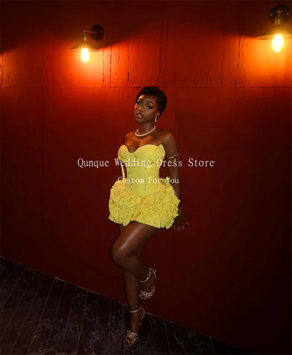Qunque Yellow Birthday Dresses Black Girl Sweetheart Mini Prom Dresses Ruffles Wedding Party Dress Robes De Soirée Customized