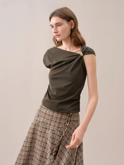 FSLE 【Premium Series】 Women's 2026 Summer New Asymmetrical Slant Neck Knit T-Shirt | Slim Fitted Stylish Top Cotton Contain Tops