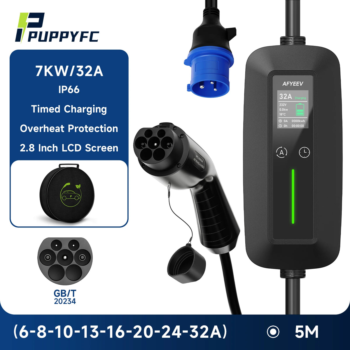 Puppyfc 7KW EV Charger Portable Cable Type2 IEC62196-2 Type1/GBT Electric Car Wallbox Home 32A  Charging Station CEE Plug