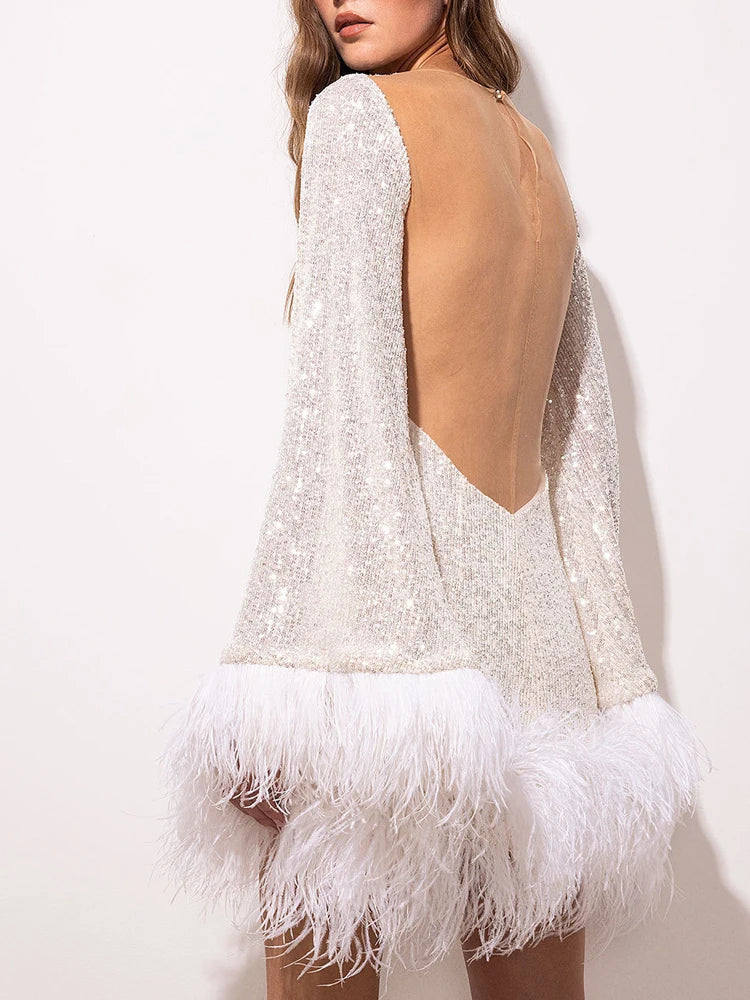 Sparkling sequin backless dress for fashion parties summer sexy dress casual daily O collar feather long sleeved short skirt